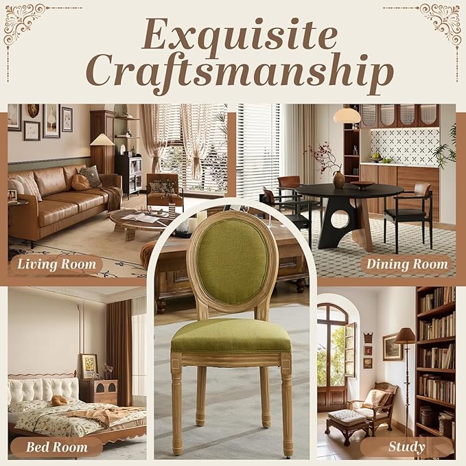 SoarFlash Linen French Dining Chairs Set of 2, Vantage Dining Chair with Round Back, Wood Leg Farmhouse Country Dining Chair for Kitchen,Bedroom,Olive Green