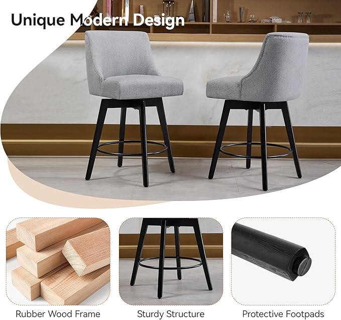 Vipbear Counter Height Bar Stools Set of 4, 26" H Swivel Bar Stools with Backs, Linen Fabric Upholstered Bar Chairs with Solid Wood Legs for Kitchen Island, Dining Room, Home Bar, Light Grey