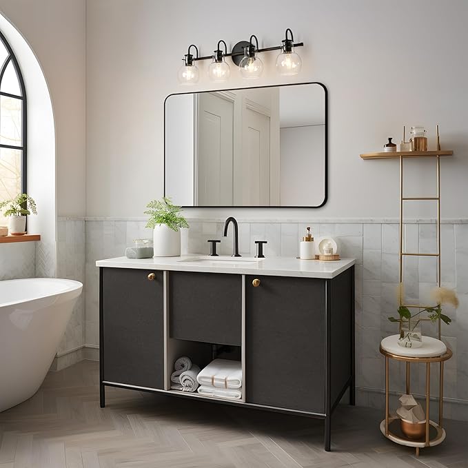 KSANA Black Bathroom Light Fixtures, 4-Light Modern Farmhouse Black Vanity Lights with Clear Glass Shade Over Mirror for Hallway, Kitchen, Bedroom, and Living Room
