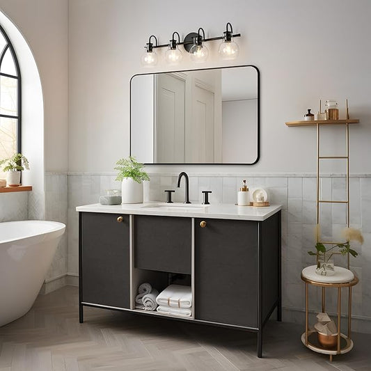 KSANA Black Bathroom Light Fixtures, 4-Light Modern Farmhouse Black Vanity Lights with Clear Glass Shade Over Mirror for Hallway, Kitchen, Bedroom, and Living Room