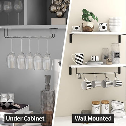 Afuly Coffee Bar Shelf, 20 Inch Wall Mounted Shelves for Mugs & Glasses, Floating Shelves with 8 Hooks, Coffee Cup Wall Holder, Set of 2
