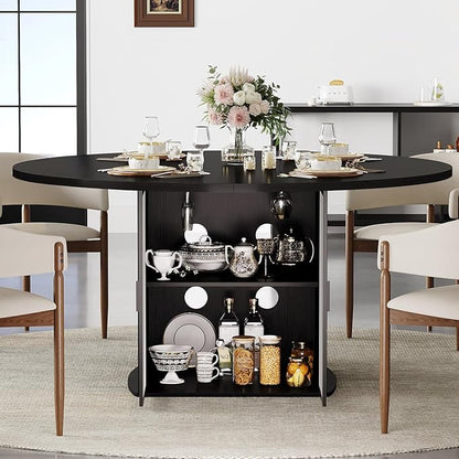 IBF Black Round Dining Table for 4-6, 47" Kitchen Table with Fridge Space, Modern Dining Room Tables with Storage, Industrial Wood Dinner Tables for Home Kitchen Living Room, Black Oak, Only Table
