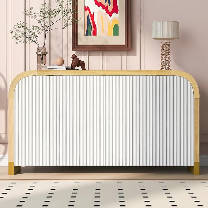 Merax Sideboard Buffet Cabinet with Storage Adjustable Shelves & Unique Curved Corner, Wavy Door Panel Accent Wood Console Table for Coffee Bar, Living Room and Entrance, Easy Assembly, White
