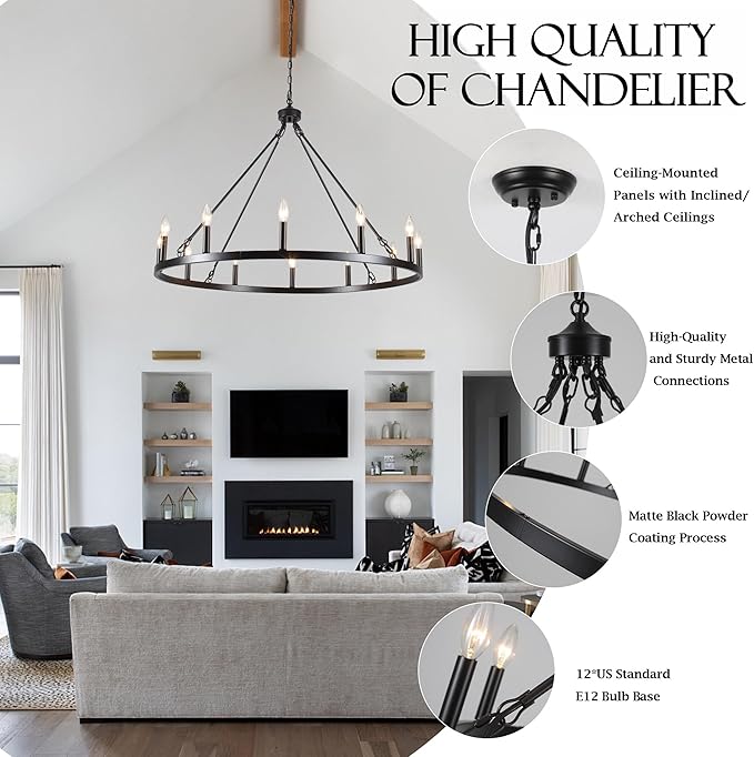 Wagon Wheel Chandelier 12 Light 38" Large Black Farmhouse Chandelier for Dining Room Rustic Country Pendant Light Fixtures Hanging Modern Round Chandeliers for Living Room High Ceilings Entryway Foyer
