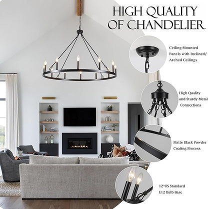 Wagon Wheel Chandelier 12 Light 38" Large Black Farmhouse Chandelier for Dining Room Rustic Country Pendant Light Fixtures Hanging Modern Round Chandeliers for Living Room High Ceilings Entryway Foyer