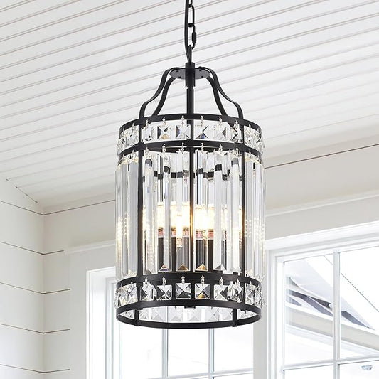 Modern Black Pendant Island Light Fixtures for Kitchen, Luxury Elegant Crystal Small 4-Light Chandeliers for Dining Room, Industrial Cage Hanging Ceiling Lighting for Bedroom Foyer Hallway