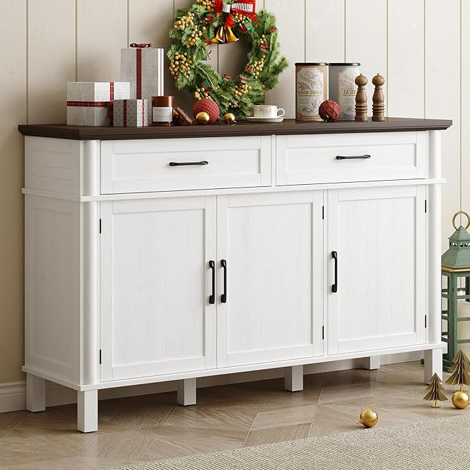 55 Inches Buffet Cabinet with Storage, Farmhouse Sideboard Buffet w/2 Drawers and 3 Doors, Wood Coffee Bar Cabinet with Adjustable Shelves, Sideboard Storage for Kitchen, Living Room, Off White