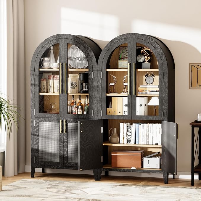 63" Arched Storage Cabinet, 5-Tier Modern Arched Cabinet with Glass Doors, Tall Arched Cabinet Adjustable for Living Room, Dining Room Office, Black ﻿