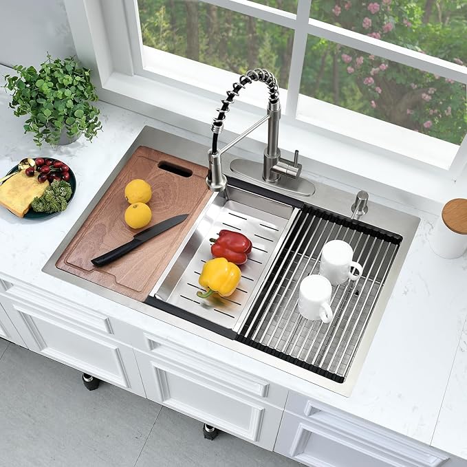 33x19 Drop In Kitchen Sink Workstation-Bokaiya 33 Inch Stainless Steel Top Mount Kitchen Sink 16 Gauge Single Bowl Drop In Sink with Cutting Board