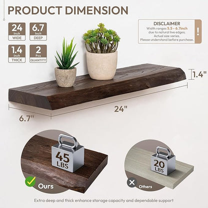 Marsmiles 24 inch Floating Shelves for Wall Elm Wood Live Edge Shelves|Rustic Wall Shelves with Invisible Heavy-Duty Bracket for Bathroom Living Room Kitchen|Walnut, 2 Pack