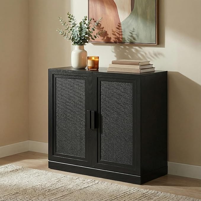 Casaphoria Adam Sideboard Buffet Cabinet with Storage, Sideboard Cabinet with Rattan Doors & Adjustable Shelves, 31" W x 31" H Coffee Bar for Entryway Kitchen Living Room, Black
