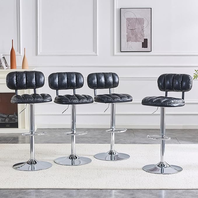 Set of 2 Adjustable Height Bar Stools, Black PU Leather Upholstered with Chrome Base & Footrest, Modern Comfortable Stools for Kitchen Island, Home Bar, Game Room & Office Break Area