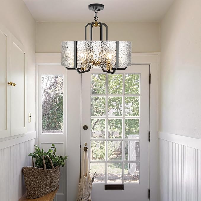 COCOSTAR Modern Glass Drum Chandeliers for Dining Room,6 Lights Farmhouse Crystal Chandelier,24" Vintage Foyer Lighting Fixtures,Black and Gold Pendant Lights for Kitchen Island,Bedroom,Living Room