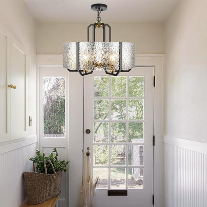 COCOSTAR Modern Glass Drum Chandeliers for Dining Room,6 Lights Farmhouse Crystal Chandelier,24" Vintage Foyer Lighting Fixtures,Black and Gold Pendant Lights for Kitchen Island,Bedroom,Living Room