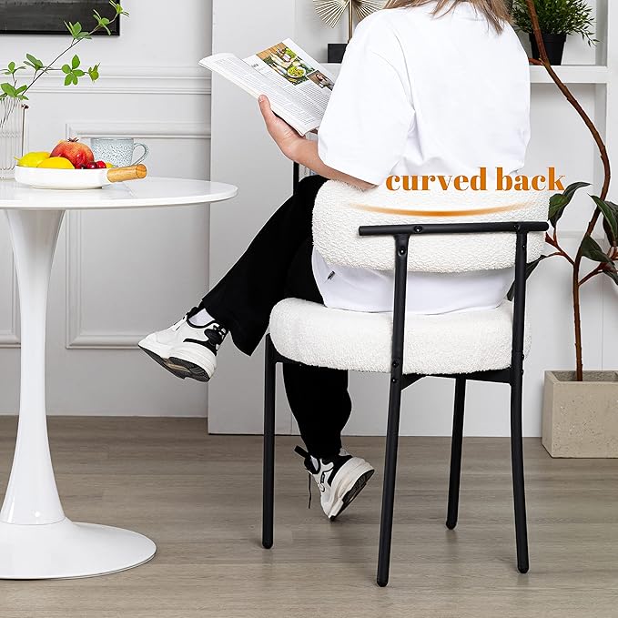 DYHOME White Boucle Dining Chairs Set of 4, Upholstered Kitchen Chairs with Thick Cushions and Metal Legs, Round Modern Dining Room Chairs