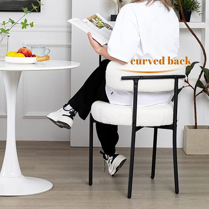 DYHOME White Boucle Dining Chairs Set of 4, Upholstered Kitchen Chairs with Thick Cushions and Metal Legs, Round Modern Dining Room Chairs