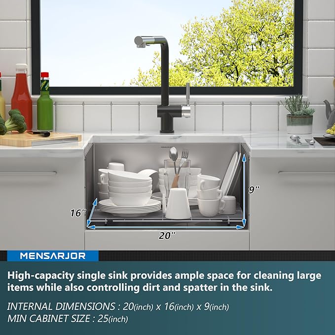 MENSARJOR 22 x 18 Inch Undermount Sink, 16 Gauge Stainless Steel, Handmade for Kitchen, Bar, or Outdoor Use