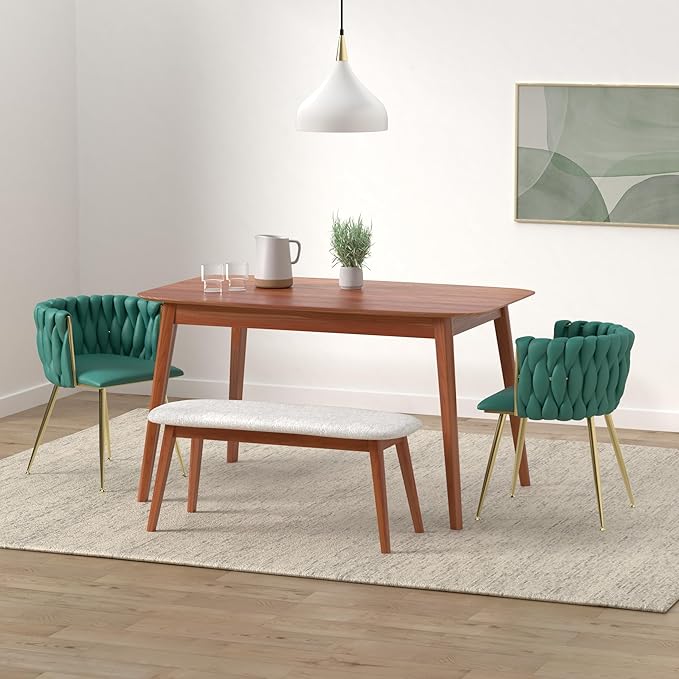 Nrizc Woven Dining Chairs Set of 6, Velvet Upholstered Dining Chairs with Gold Metal Legs, Modern Accent Chairs for Living Room, Dining Room, Kitchen (Green)
