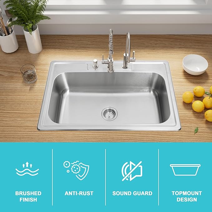 MILOSEN 33''x22'' Drop in Kitchen Sink, Topmount T304 Stainless Steel Sink with Three Holes, Single Bowl 9'' Deep Sinks with Strainer, Round Corner Large and Deep Sinks, Brushed Finish
