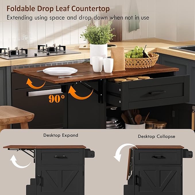 Kitchen Island with Storage, Rolling Kitchen Table on Wheels with Drop Leaf - Open Spice Rack&Towel Rack, Drawer, Cabinet, Adjustable&Removable Shelf, for Kitchen, Dinning Room, Black