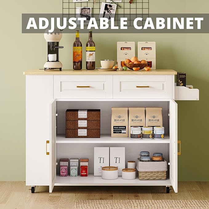IRONCK Rolling Kitchen Island with Storage, Kitchen Cart Cabinet with Drop-Leaf & Charging Station Drawer & Shelves & Spice Rack 47" W x 30" D White