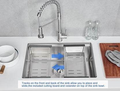 MENATT 25 Inch Undermount Workstation Kitchen Sink, 25"×18" Stainless Steel Single Bowl Undermount Handmade Kitchen Sink with Cutting Board and Colander, D25"XW18"XH9"