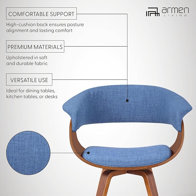 Armen Living Summer Mid-Century Chair in Blue Fabric with Walnut Wood Finish - Set of 4