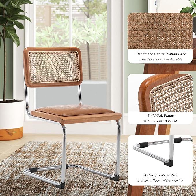 Alunaune Mid Century Modern Dining Chairs Set of 4, Upholstered Natural Rattan Kitchen Accent Chair, Armless Side Chairs with Metal Chrome Legs for Bedroom Living Room-Brown with PU Seat