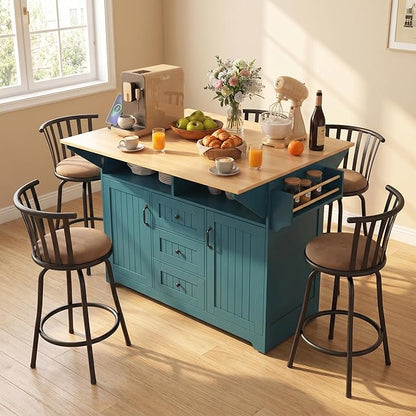 Homy Casa 5 Piece Kitchen Island Set with 4 Swivel Bar Stools, Rolling Kitchen Cart with Drop Leaf, Power Outlet, Drawers and Storage Cabinet, Breakfast Bar Table Set for Dining Room (White)
