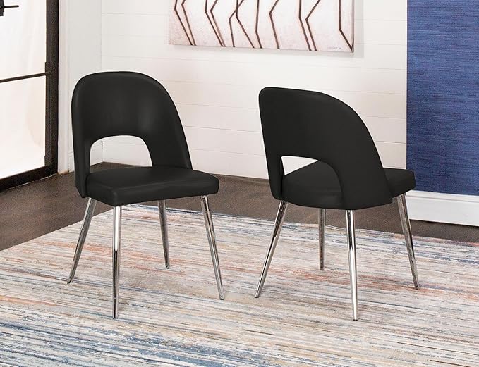 Sunset Trading Mia Faux Leather Dining Chair | Polished Chrome Silver Tapered Legs | Black Padded Seat with Arched Open Back | Set of 2 | Contemporary, Mid-Century Modern Kitchen Sidechairs