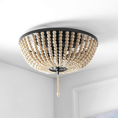 JONATHAN Y 15" Oil Rubbed Bronze/Cream Allison 3-Light LED Flush Mount Ceiling Light for Bedroom, Wood Beaded Shade Shabby Chic Farmhouse Rustic Decor, LED Bulbs Included (JYL9019B)