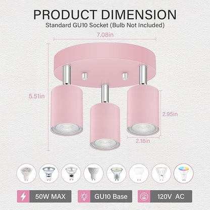 BoostArea LED 3 Light Track Lighting Kit, LED Track Lighting Fixtures, Pink Round Ceiling Spot Lighting, Flexibly Rotatable Light Head for Kitchen, Living Room, Bedroom, GU10 Bulb Not Included