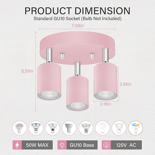 BoostArea LED 3 Light Track Lighting Kit, LED Track Lighting Fixtures, Pink Round Ceiling Spot Lighting, Flexibly Rotatable Light Head for Kitchen, Living Room, Bedroom, GU10 Bulb Not Included