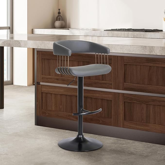 Armen Living Calista Adjustable Height Mid Century Modern Swivel Bar Stool for Kitchen Island Counter in Gray Faux Leather with Golden Bronze and Black Metal