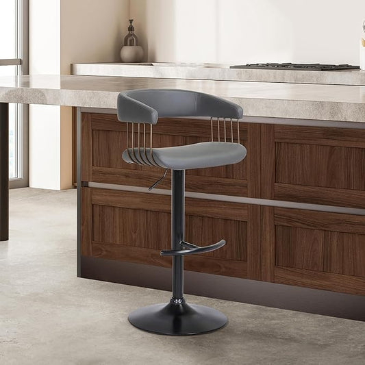 Armen Living Calista Adjustable Height Mid Century Modern Swivel Bar Stool for Kitchen Island Counter in Gray Faux Leather with Golden Bronze and Black Metal
