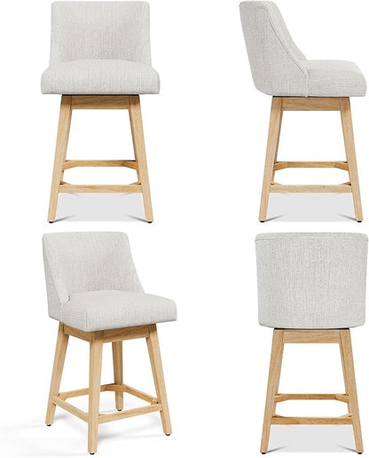 Counter Height Bar Stools Set of 2, Modern Swivel Barstools with Back and Wood Legs, Linen Fabric Upholstered Counter Height Stools, 26" H Kitchen Island Stools, Home Bar, Pub, Ivory