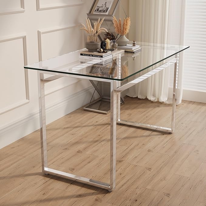 Modern Glass Dining Table for 4-6, 51" Rectangular Kitchen Dining Room Table with 0.31" Tempered Glass Tabletop and Silver Chrome Metal Legs, Writing Table Desk, for Kitchen Dining Living Room