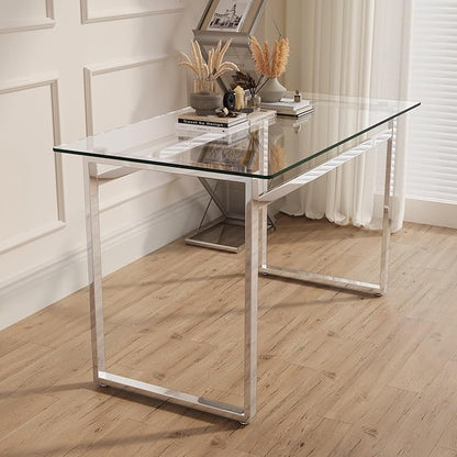 51" Modern Minimalist Rectangular Glass Dining Table for 4-6 with 0.31" Tempered Glass Tabletop and Chrome Metal Legs, Writing Table Desk for Kitchen Dining Living Room (Clear&Silver)