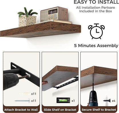 Venusmiles Floating Shelves for Wall, Engineered Wood Wall Shelves with Invisible Brackets for Living Room Bedroom Bathroom Office Kitchen Decor and Storage (Brown, 55" W x 9" D x 1.5" H) Set of 1