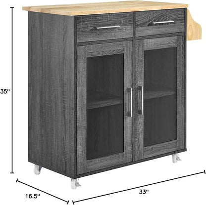 Modway Cuisine Rolling Kitchen Cart with Storage in Charcoal Natural - Portable Island for Kitchen with Spice Rack, Perfect as a Coffee Bar Cabinet, Butcher Block Island or Kitchen Island on Wheels