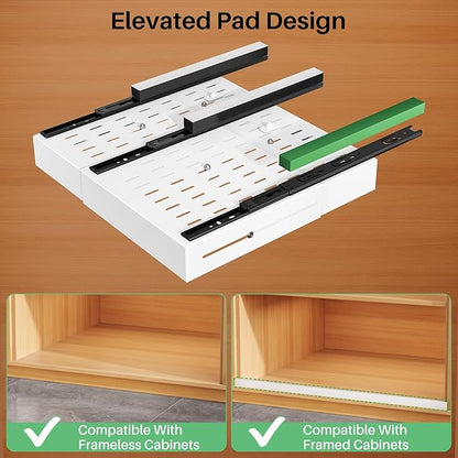 Pull out Cabinet Organizer, Expandable Width(14"-24"), Depth(13"-24") with 3 Rails, Slide Out Drawers With Raising Pad for Framed Cabinets, Fixed with Adhesive Film for Cabinets in Kitchen, White