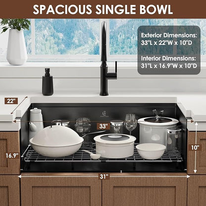 32x19 Inch Undermount Kitchen Sink Luxury Nano-coating Single Bowl Black Kitchen Sinks 16 Gauge Stainless Steel Soundproof Kitchen Workstation with 6 Accessories (Black)