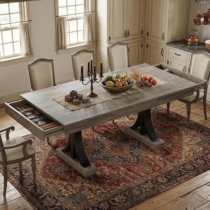 Garvee 71-Inch Wooden Dining Table with 2 Drawers, Rectangular Dining Table w/Large Tabletop & Double Pedestal, Large Kitchen Table for 6-8 with Sturdy Frame, for Dining Room, Kitchen, Rustic Gray