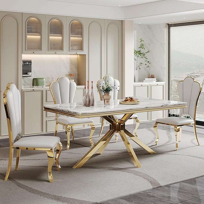 Modern Dining Table for 6-8, 68 Inch White Marble Kitchen Table with Gold Mirrored Stainless Steel X-Base, Luxurious Rectangular Faux Marble Dining Room Table for Dining Room,Living Room(No Chairs)