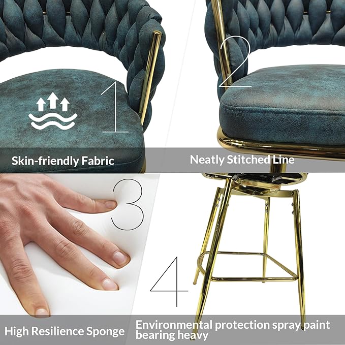 LUMISOL Bar Stool Set of 2, Golden Legs Bar Stools No Adjustable Kitchen Island Chairs Upholstered Bar Chair Counter Stool Arm Chairs with Back Footrest, Blue
