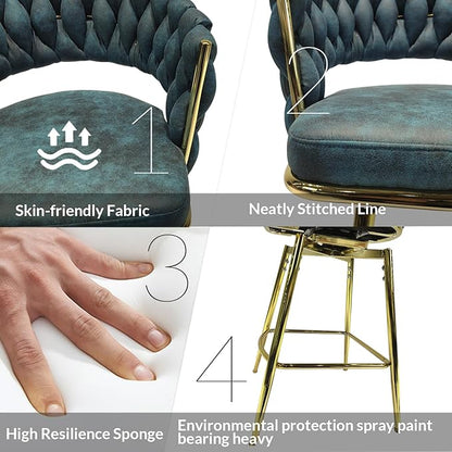 LUMISOL Bar Stool Set of 2, Golden Legs Bar Stools No Adjustable Kitchen Island Chairs Upholstered Bar Chair Counter Stool Arm Chairs with Back Footrest, Blue