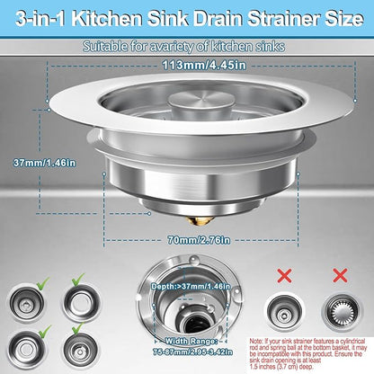 Sink Drain Strainer 3 in 1, 304 Stainless Steel Pop Up Kitchen Sink Stopper with Anti-Clogging Basket, Kitchen Essential Drain Anti-Clog Gadgets, Fits US Standard 3-1/2'' Sink Drain (Silver, 2 Pack)