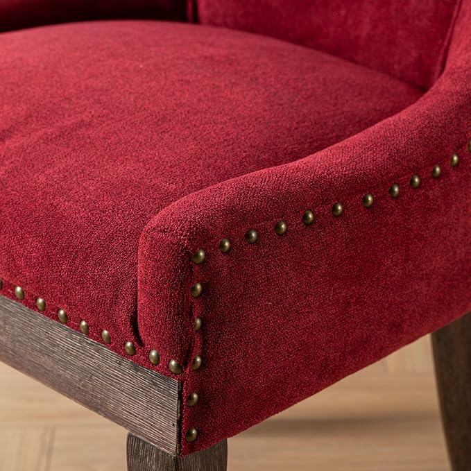 Ball & Cast Mid-Century Upholstered Dining Chairs Set of 2, Thickened Fabric Wing Back Kitchen Side-Chairs with Bronze Nail Head & Toned Solid Wood Legs, 2-Piece Traditional Chair, Wine Red