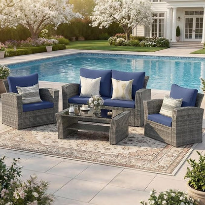 Wisteria Lane Patio Furniture Set, Wicker Outside Outdoor Furniture for All Weather, Patio Sofa with High Backrest Support and Wide Armrest for Backyard, Balcony, Deck, Porch, Blue