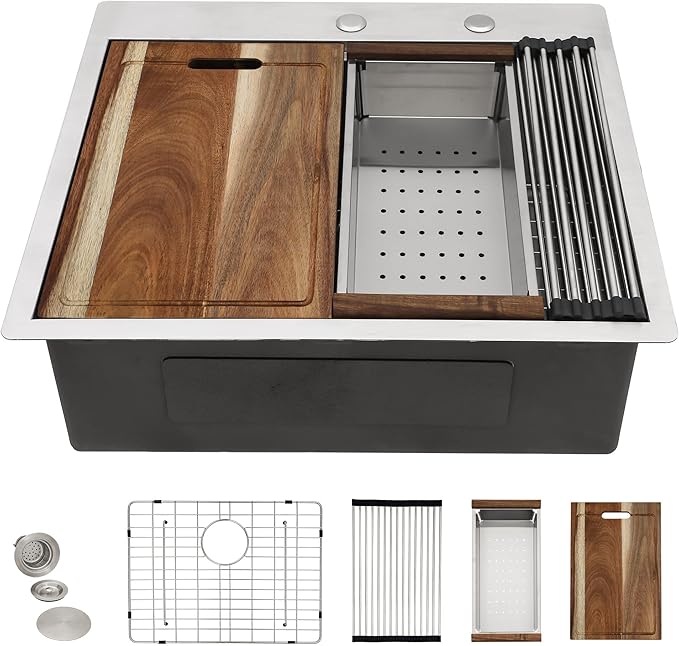 25 Kitchen Sink Drop In - Fulorni 25"x22" Kitchen Sink Drop In Topmount Ledge Workstation 16 Gauge Stainless Steel Single Bowl Above Counter Sink Basin